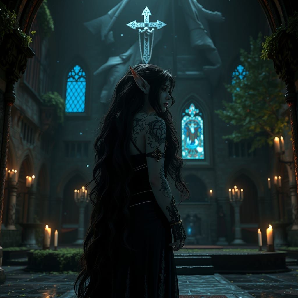 Gothic elf maiden with long, flowing black hair adorned with mystical tattoos,