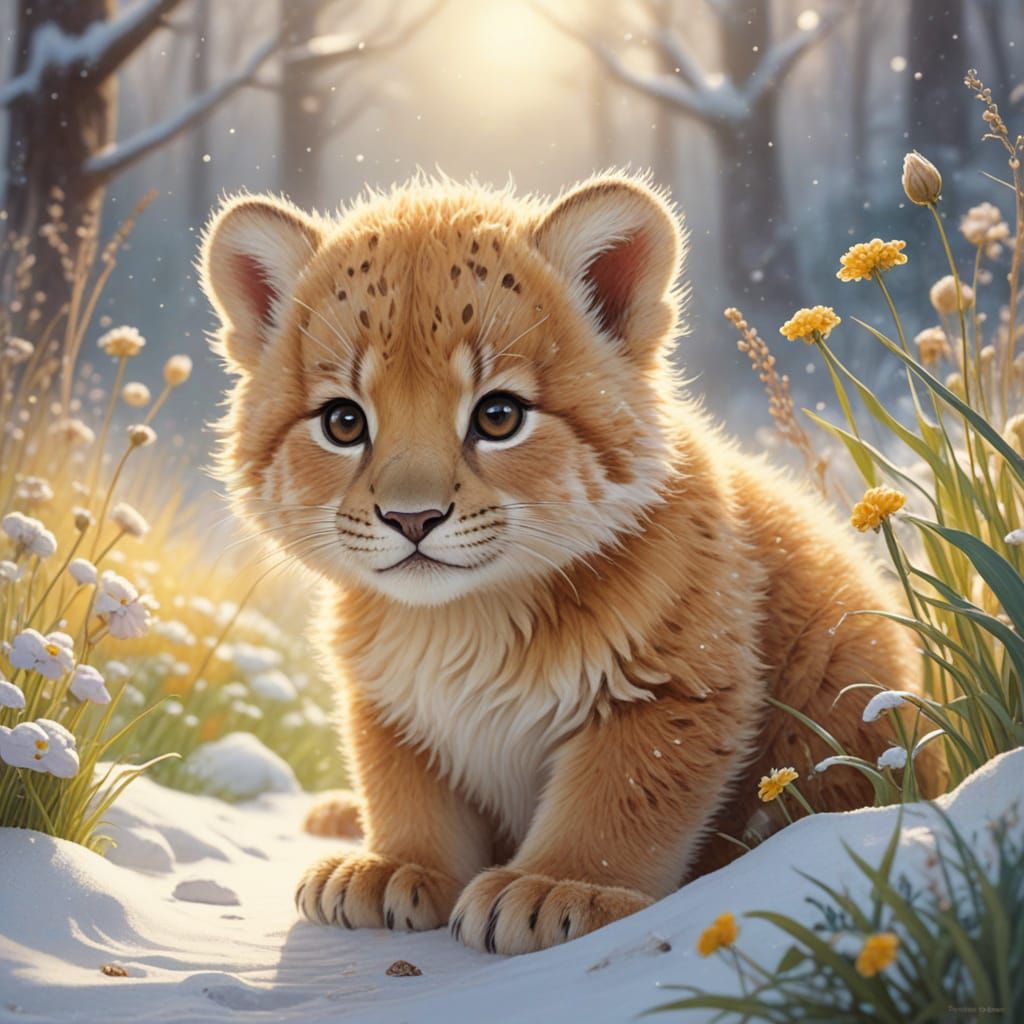 Whimsical Watercolor Sabertooth Cub in Serene Snowy Meadow