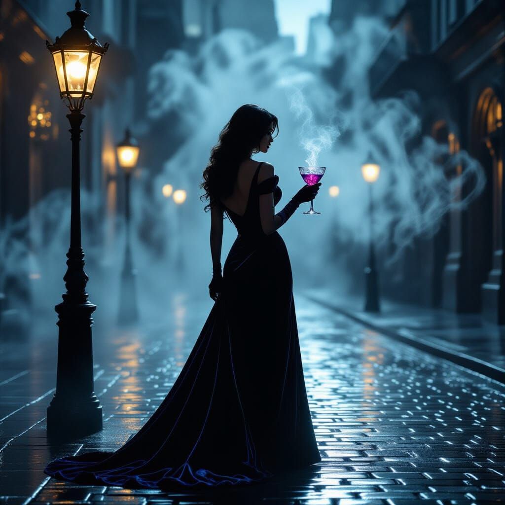 Mysterious Woman in Noir Style on Cobblestone Street