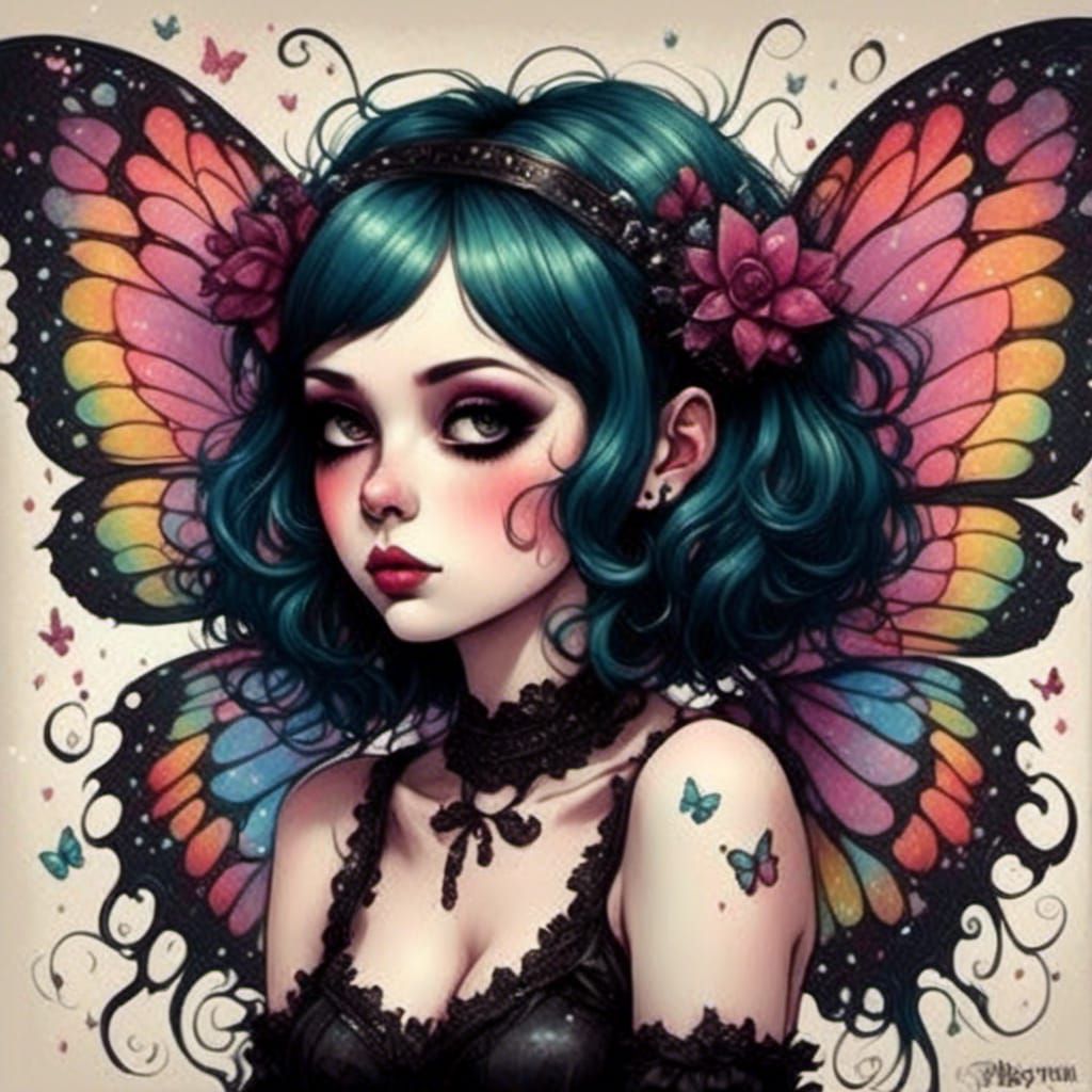 Goth Anime Fairy with Butterflies in Surreal Style