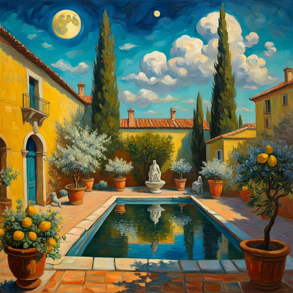 Italian Courtyard in Springtime with Van Gogh Moon