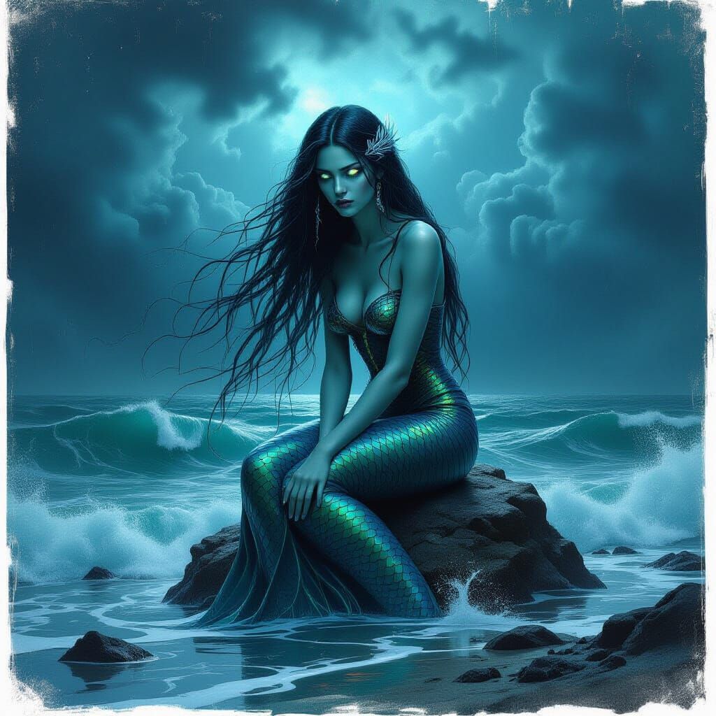 Sorrowful Siren on Stormy Rock Amidst Churning Sea