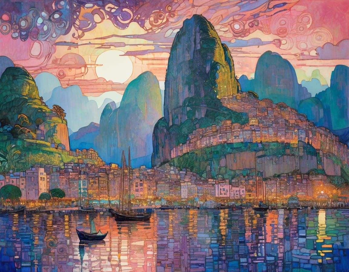Rio Harbor Sunset: Art Nouveau Watercolor Painting