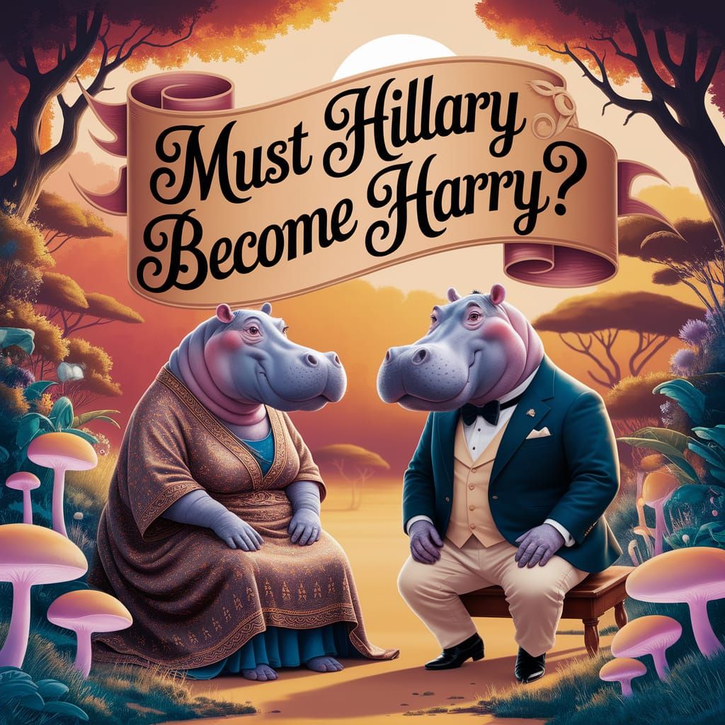 Hippos in Kaftan and Breeches Under Playful Banner