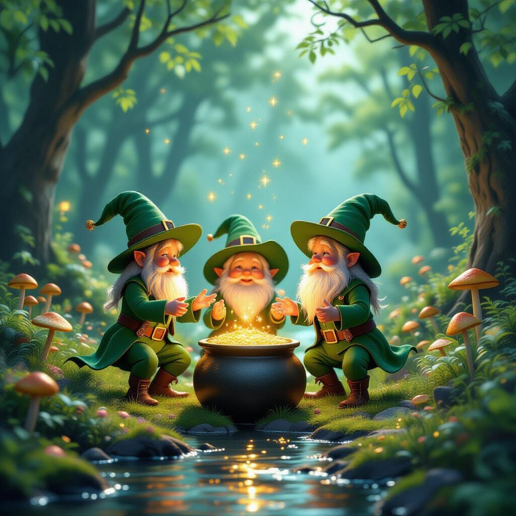 Leprechauns Dancing in Bioluminescent Forest Clearing