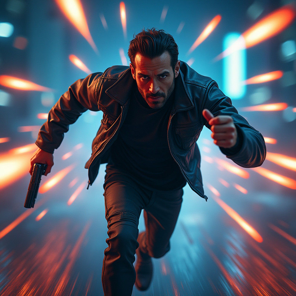 Man Sprinting Amidst Neon Bullets in Sci-Fi Thriller