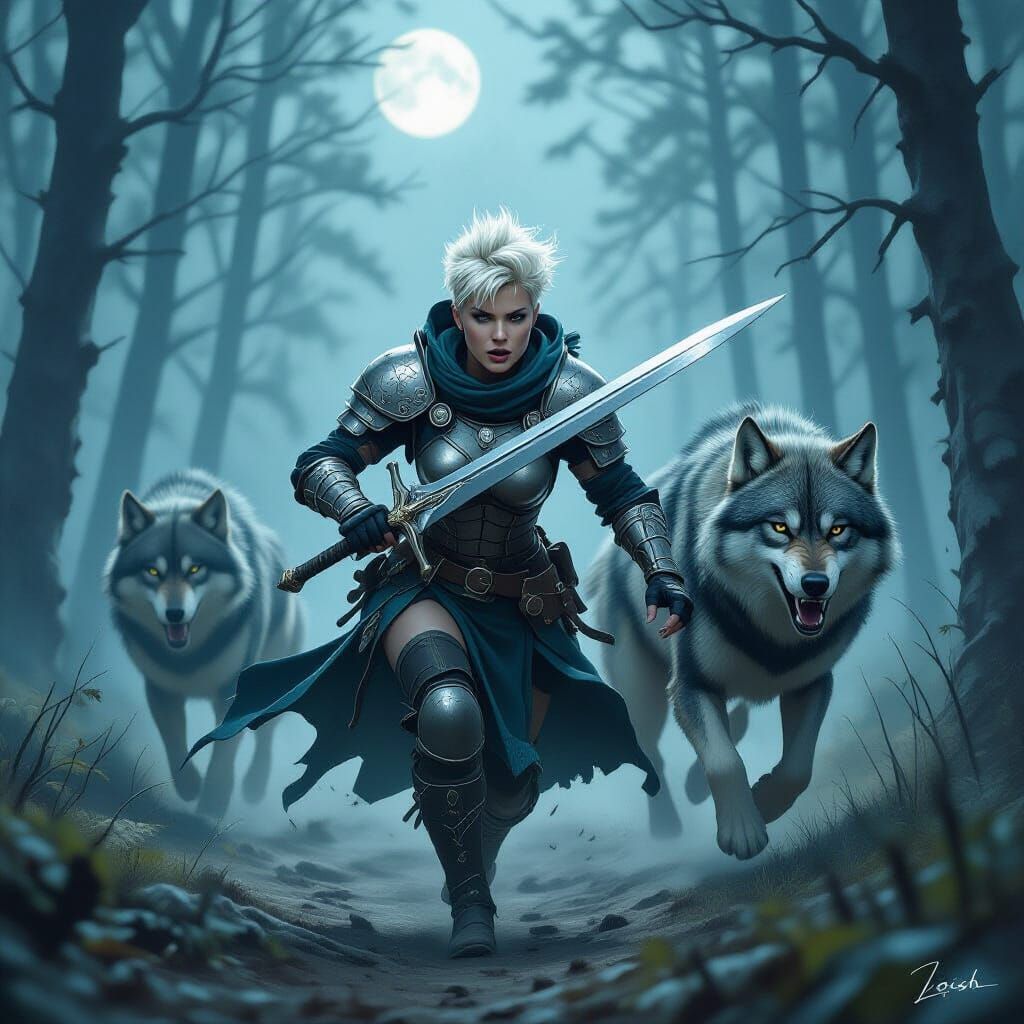 Woman Chases Dire Wolves Through Misty Forest