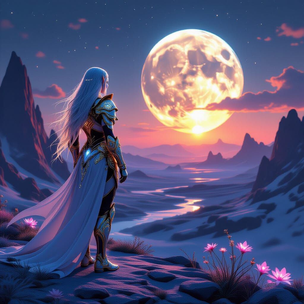 Ethereal Elf Warrior on Crystalline Moon at Binary Sunset