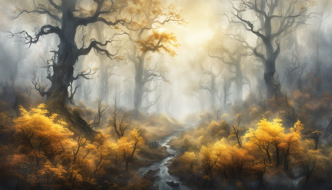 Misty Forest with Lights in Watercolor 3D Style