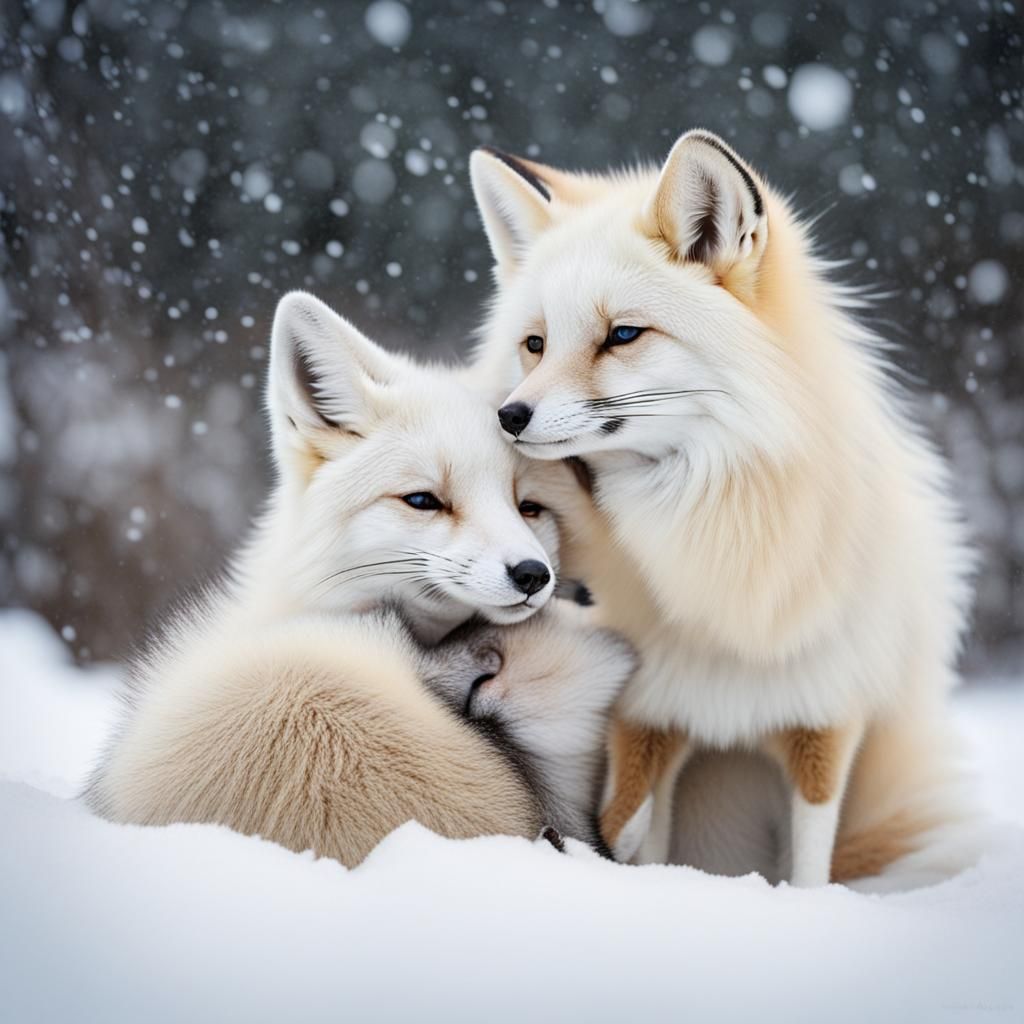 Arctic Fox and Fennec Fox Cuddle in Snow