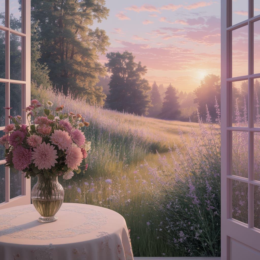 Impressionist Sunset Through Window with Flowers