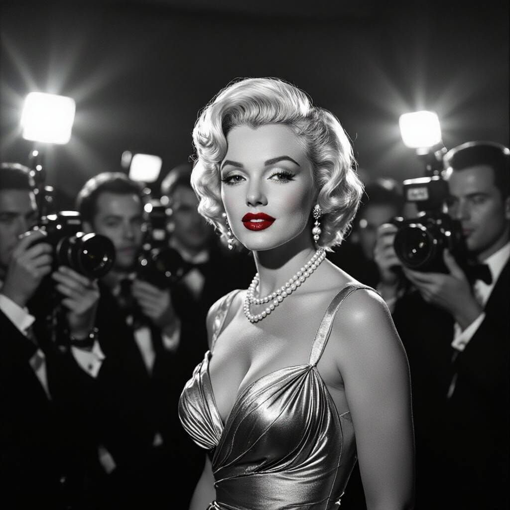 Marilyn Monroe Poses at Press Conference in B&W Photorealism