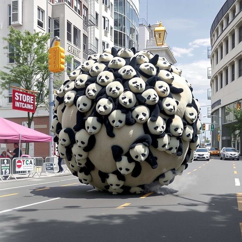 A giant ball made out of pandas rolling down a busy street i...