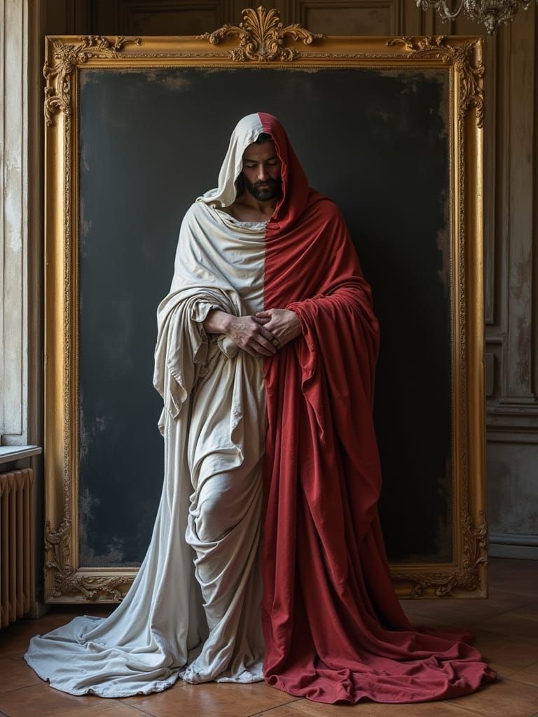 Majestic Figure in Baroque Studio, Half-Painted in Expressiv...