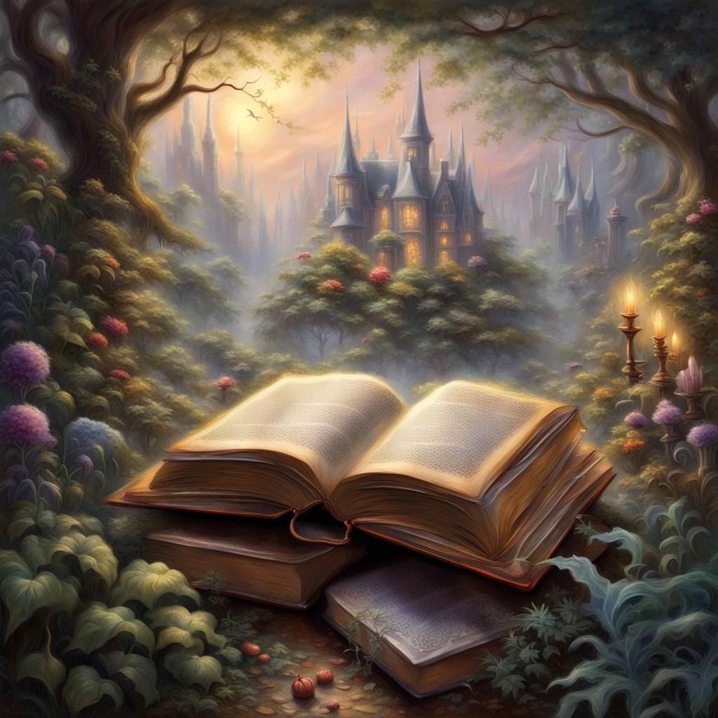 Surreal Book of Whispers in a Dreamlike Garden