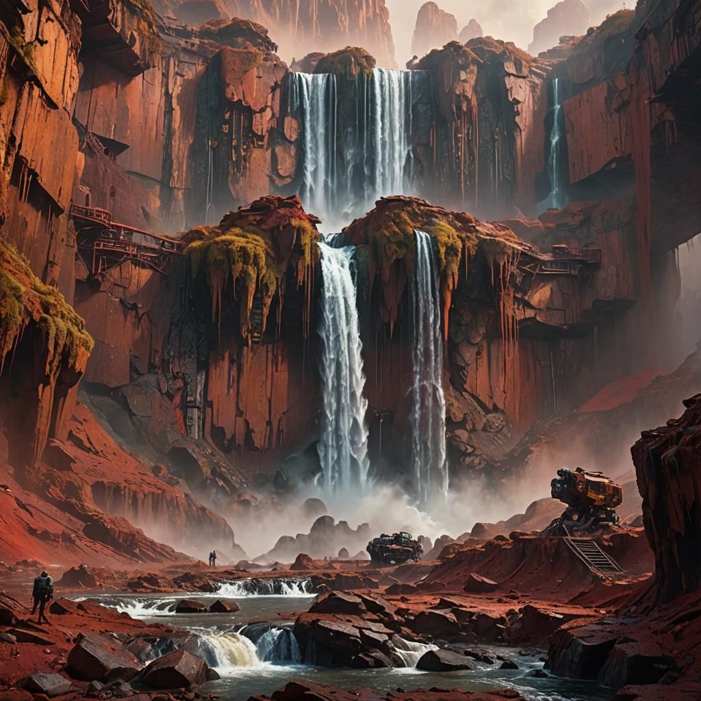 Martian Waterfall in a Sci-Fi Landscape