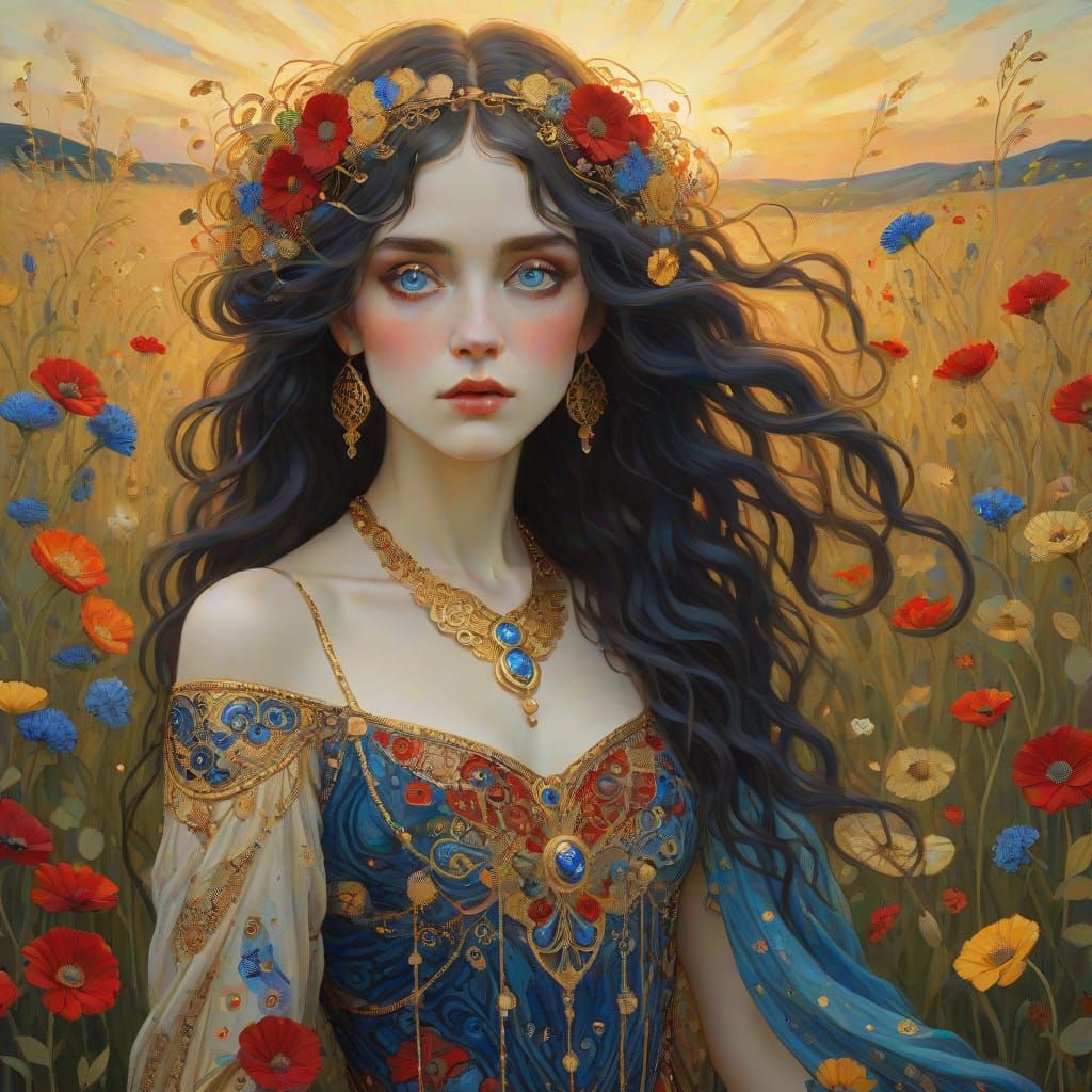 Gustav Klimt-Inspired Art Nouveau Beauty in a Vibrant Meadow