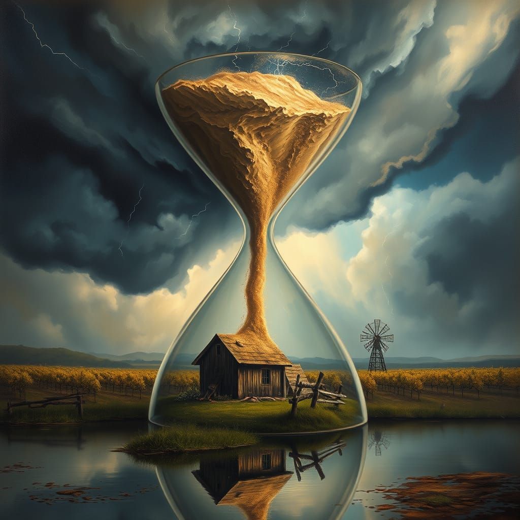 Surreal Hourglass Landscape in Oil Painting Style