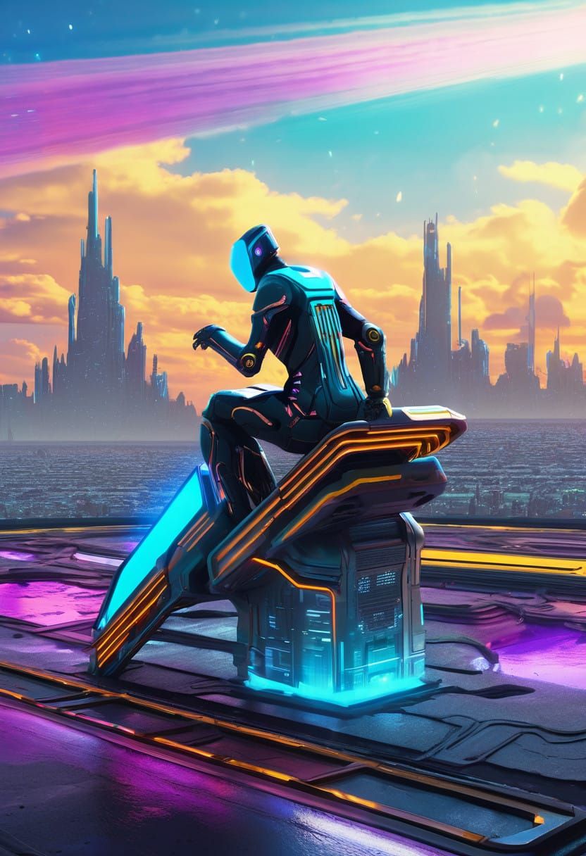 Futuristic Robot Hero in Neon Metropolis