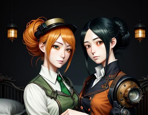 Kemono Twin Sisters Kissing in Manga Anime Style