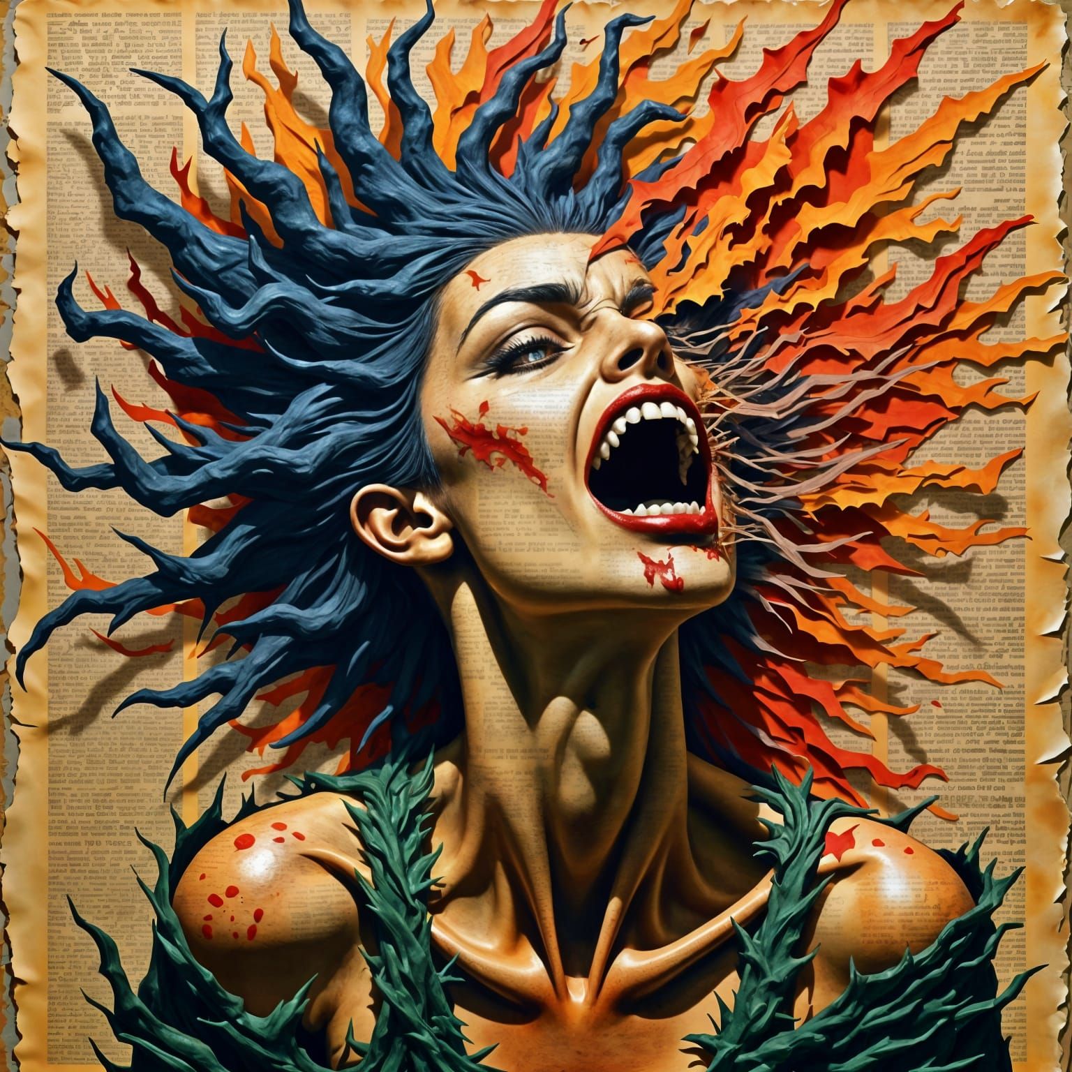 Angry Female Banshee Unleashes Fury in Mixed Media Art