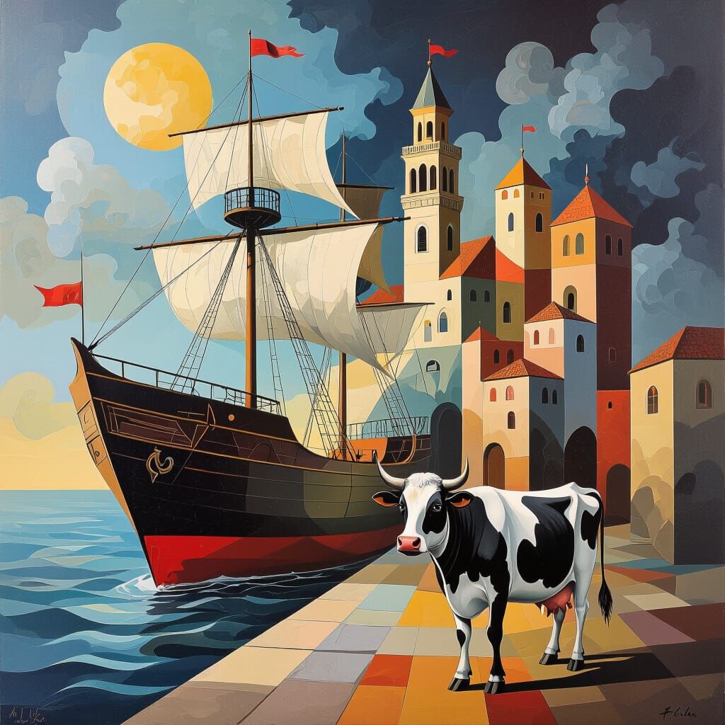 Surreal Salvo Palace with Ship and Cow in Dalí Style
