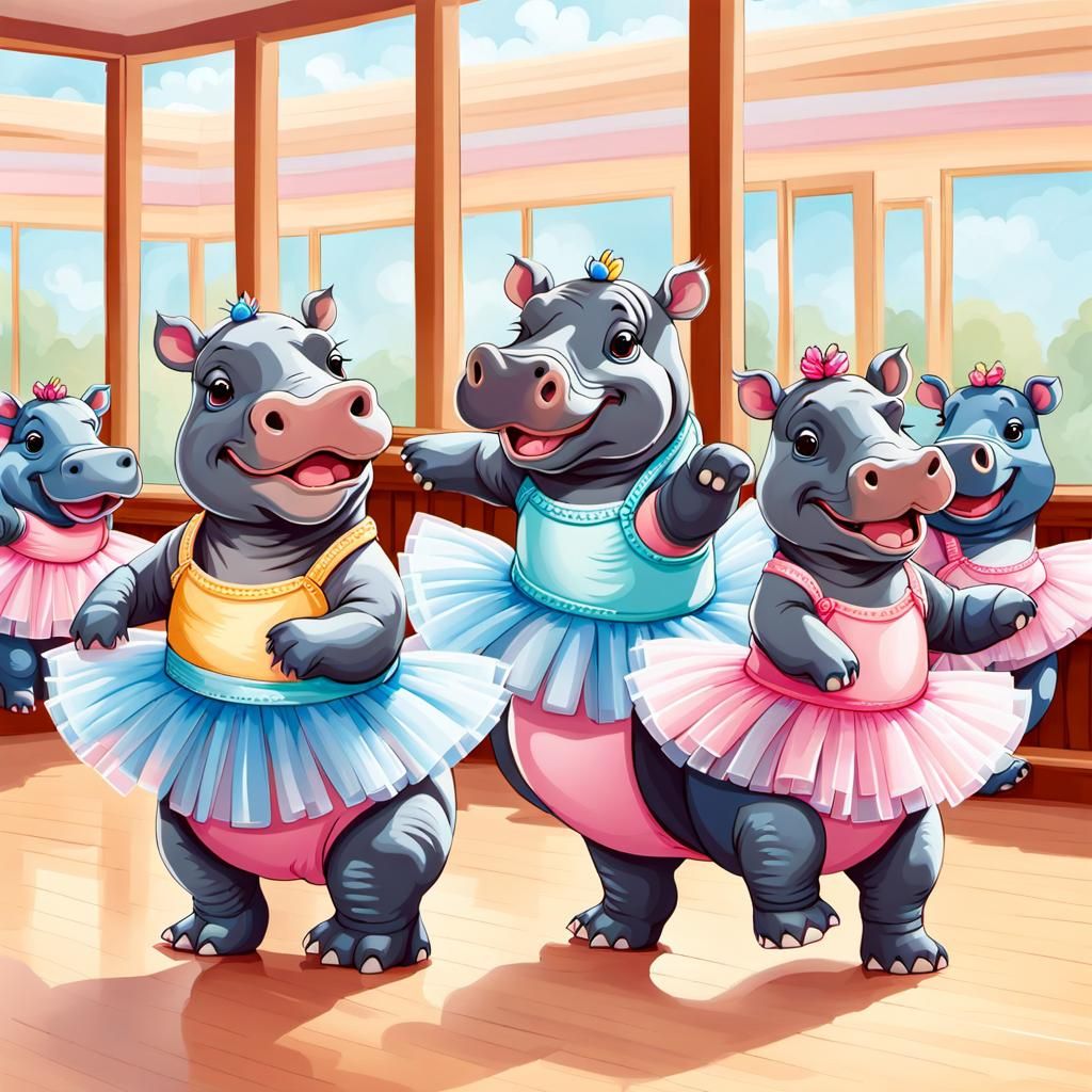 Cute Baby Hippos Ballet Class, Pencil Art