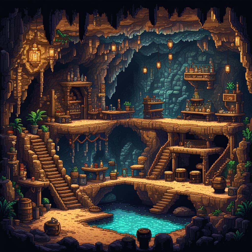 Stone Age Cave Nightclub in 8-bit Pixel Art