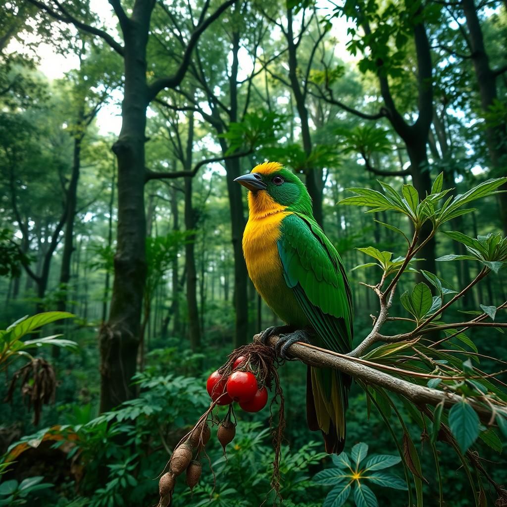 Lush Rainforest with Glistening Foliage and Tropical Bird
