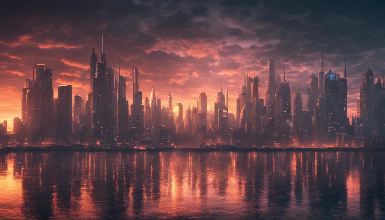 Cyberpunk Cityscape at Sunset in Hyperrealistic Style