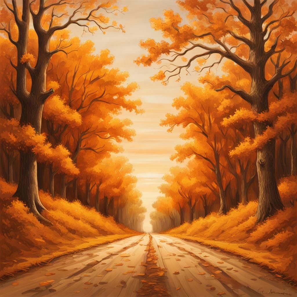 Autumn Road Pyrography Concept Art