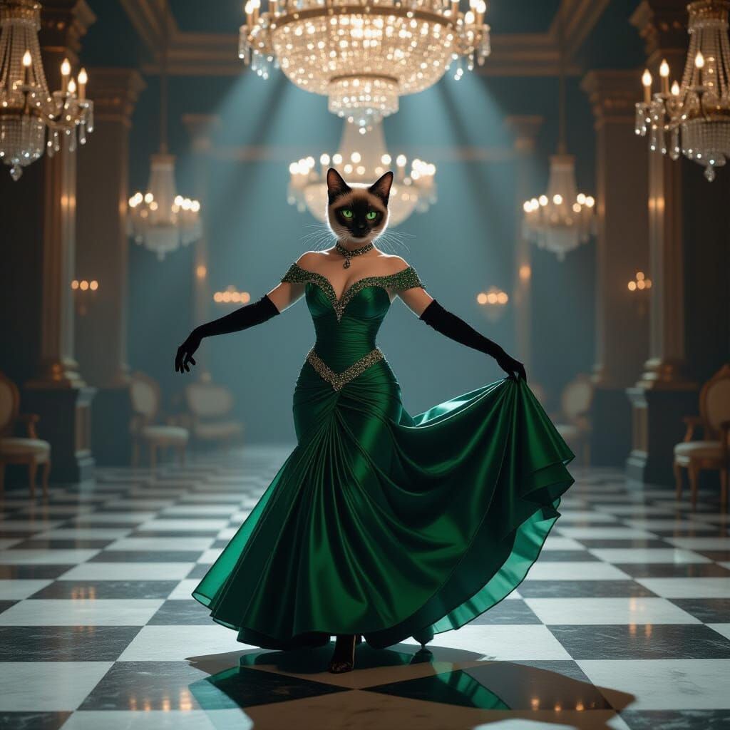 Siamese Cat Ballerina in Emerald Gown, Film Noir Style