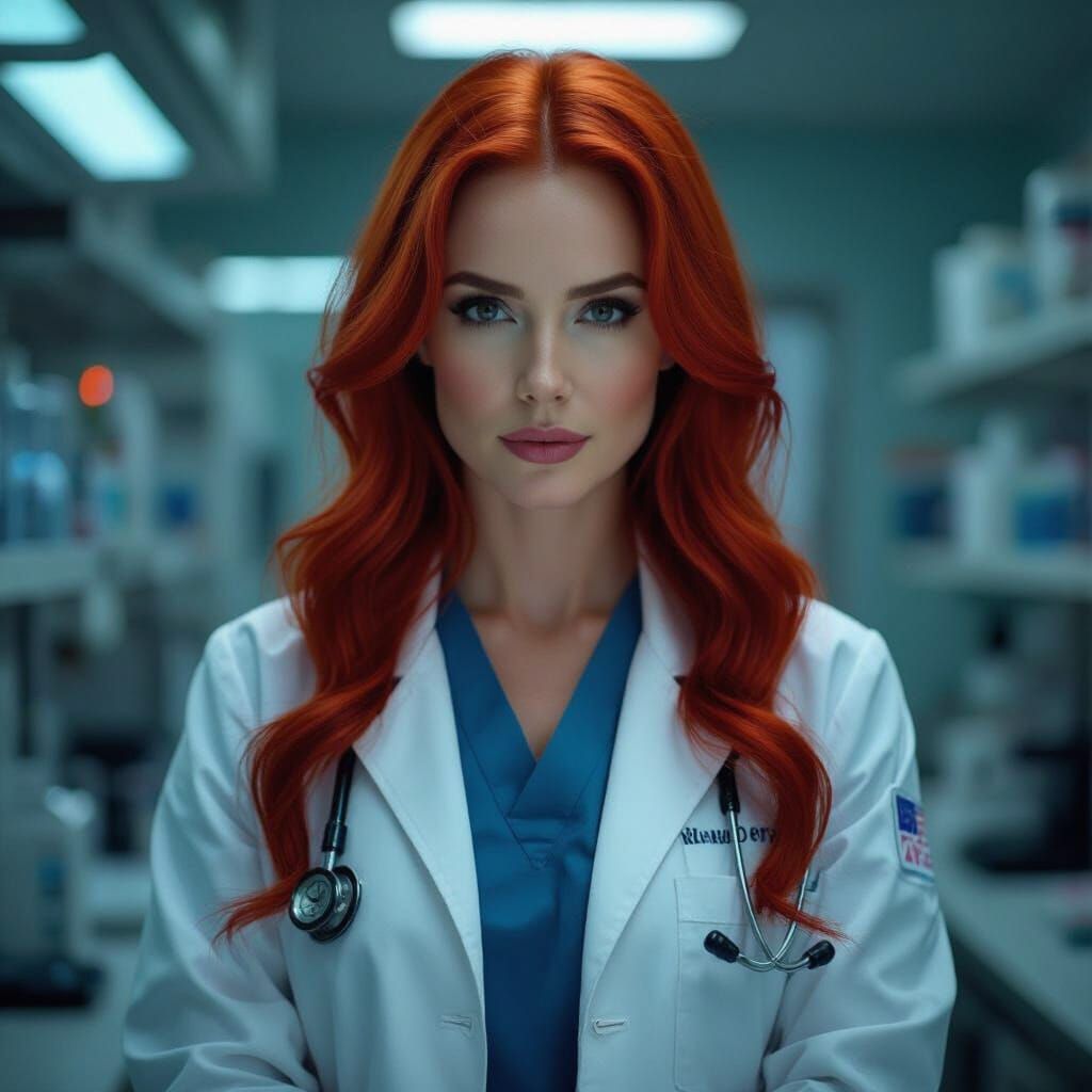 Cinematic Film Still of a Physician in Secret Lab