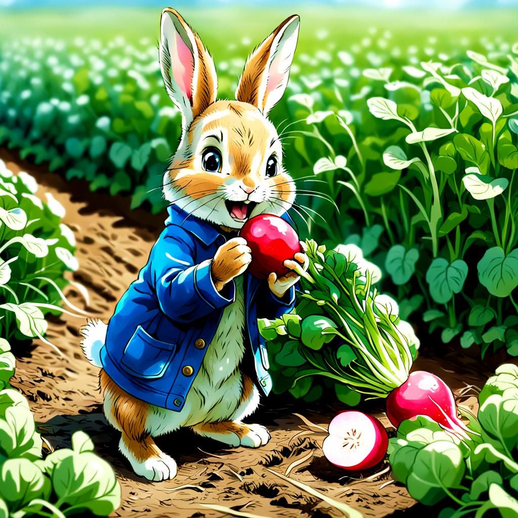 Peter Rabbit Eating Radish in Anime Style