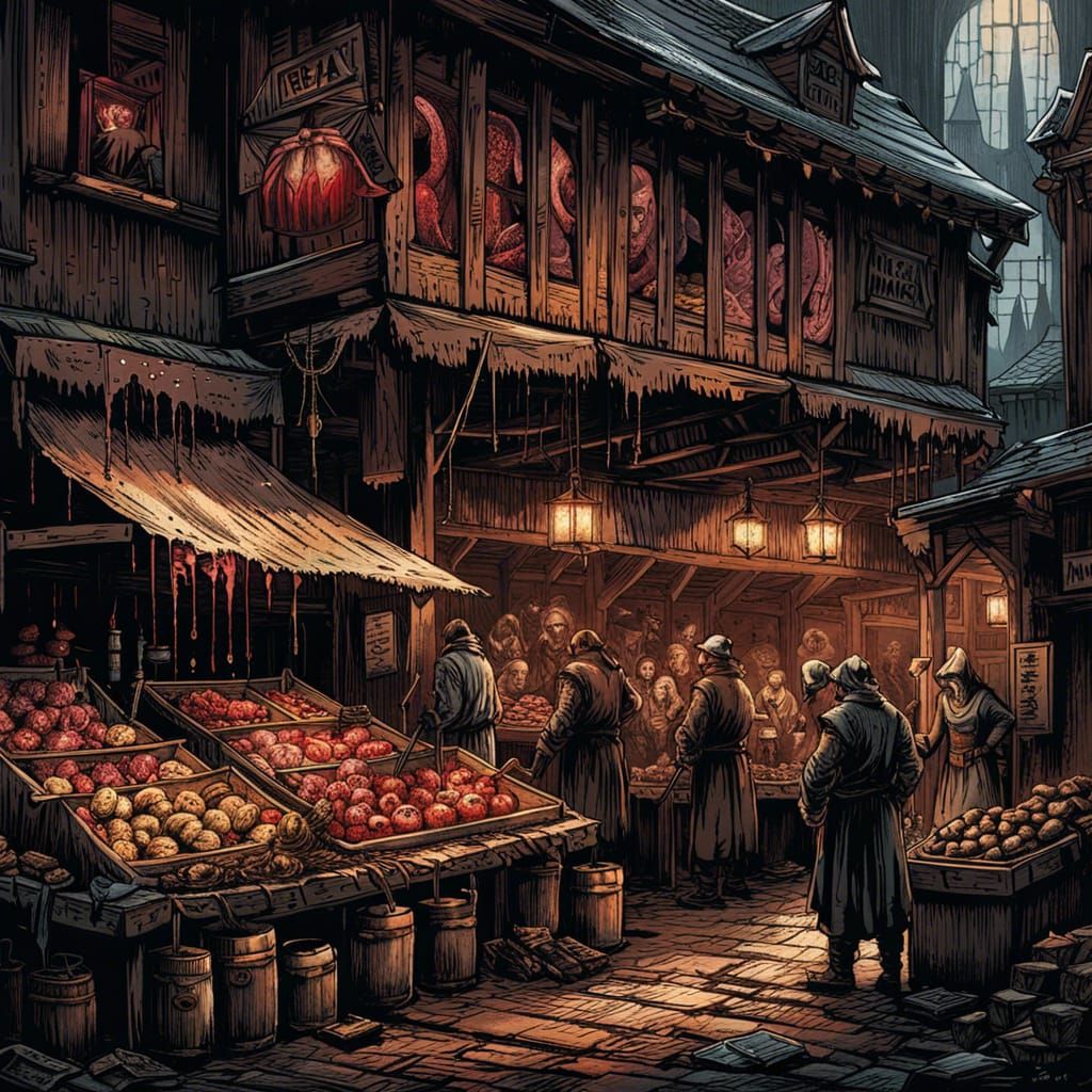 Hyperdetailed Medieval Meat Market in Editorial Style