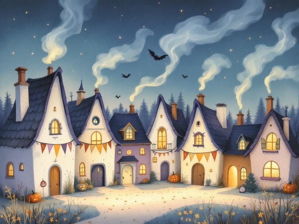 Halloween Village at Blue Hour in Gouache Style
