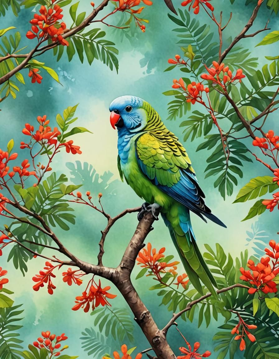 Colourful Parakeet on Royal Poinciana Branch, Watercolor Art