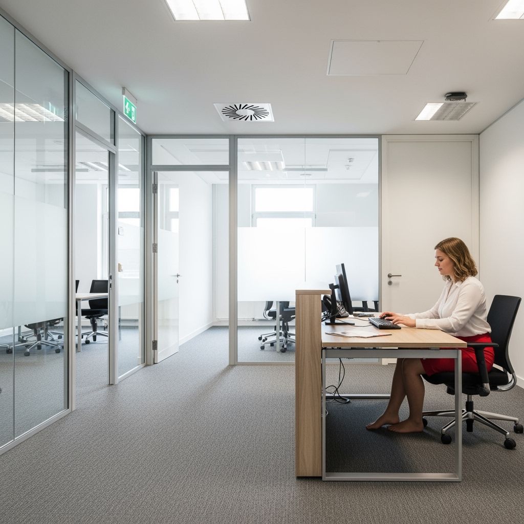 Modern Office Lobby with Woman at Desk, Wide-Angle View