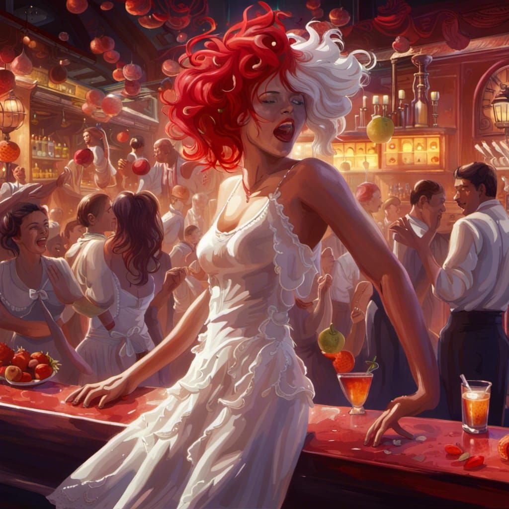 Festive Woman Dancing in a Fantastical Bar Scene
