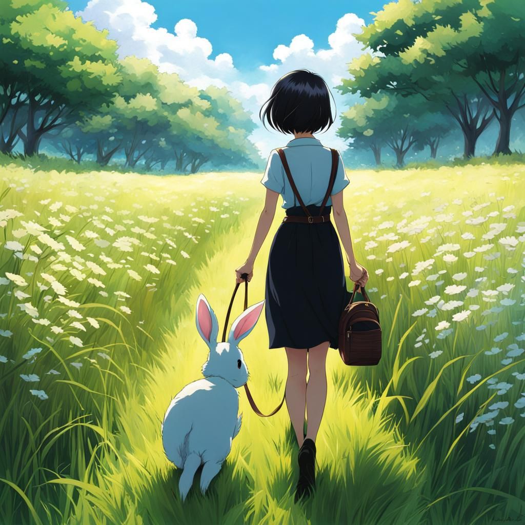 Woman and Rabbit in Field: Anime-Inspired Art