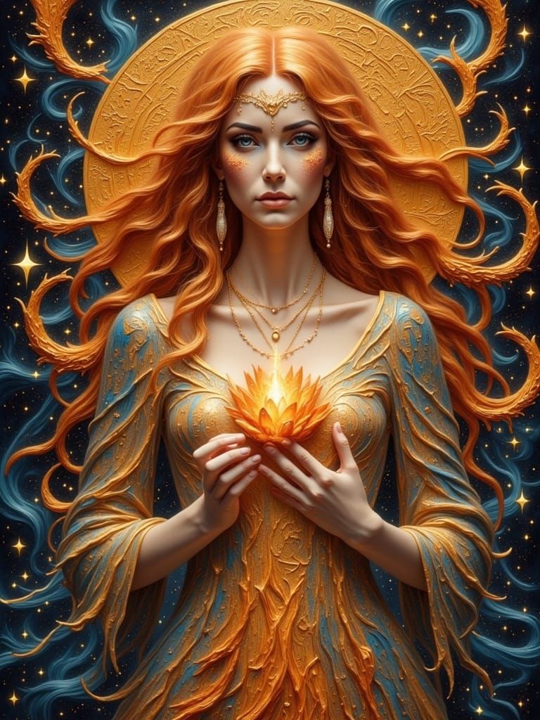 Ethereal Woman in Flowing Dress with Circular Motifs