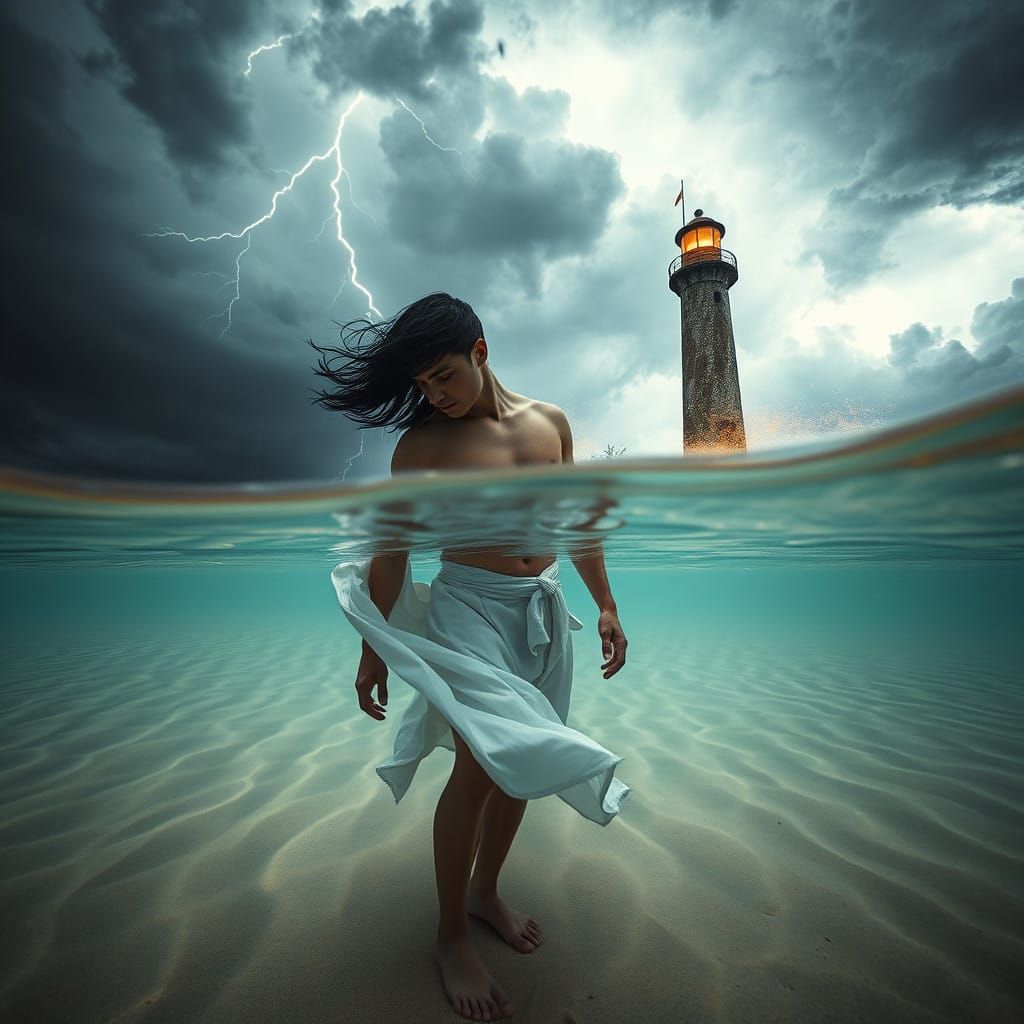 Surreal Underwater Scene with Stormy Weather Above