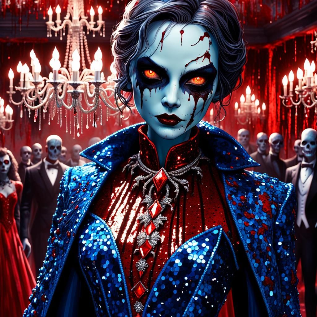 Zombie Vampire Woman in Sequined Gown, Dark Fantasy Art