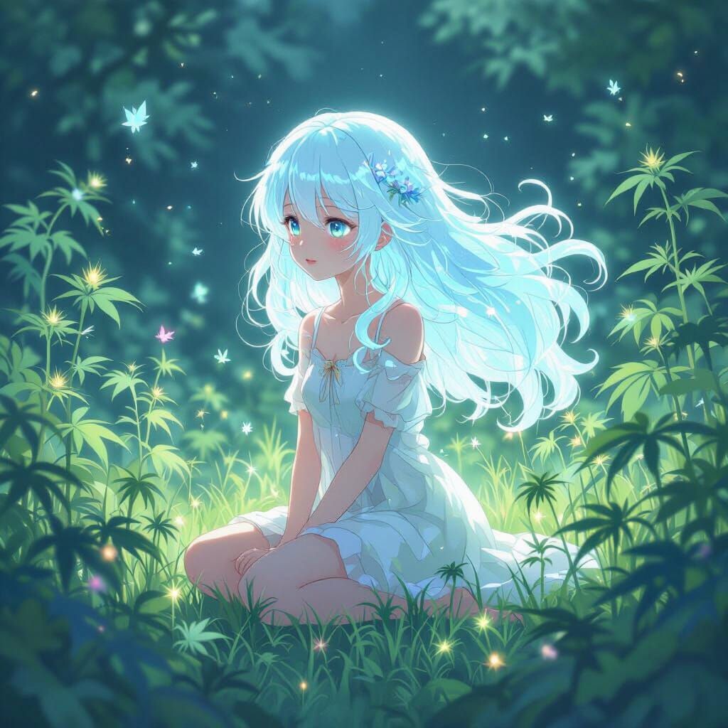 Anime Girl in Bioluminescent Garden
