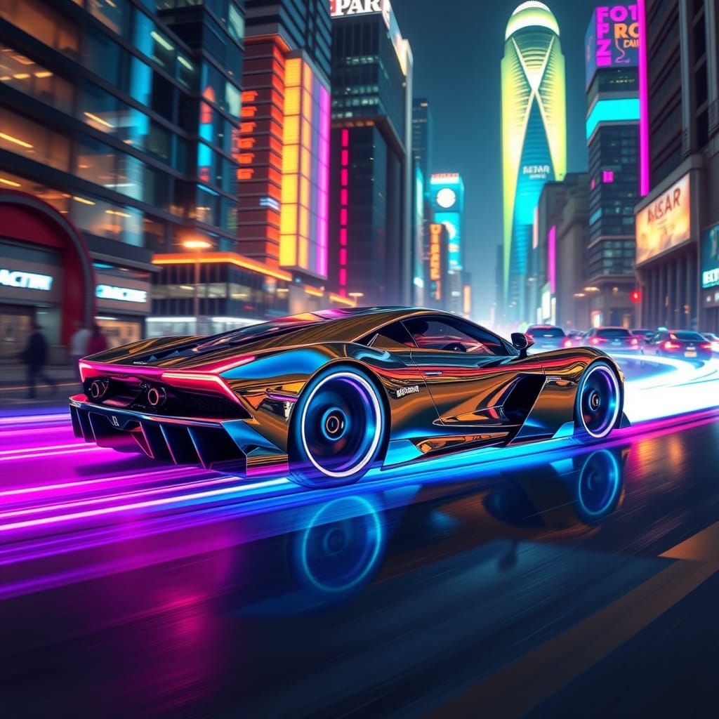 Futuristic Supercar Speeding Through Neon Cityscape