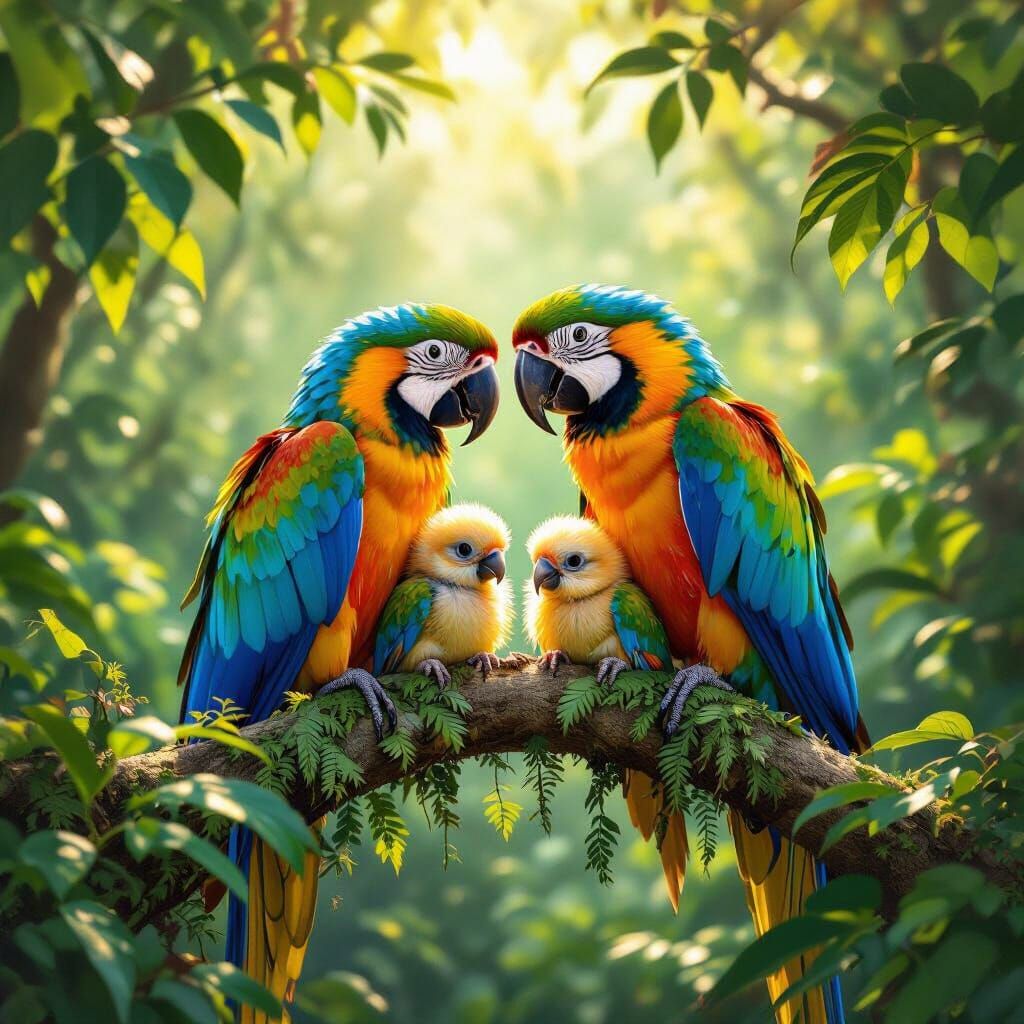 Vibrant Macaw Family in Amazon Rainforest