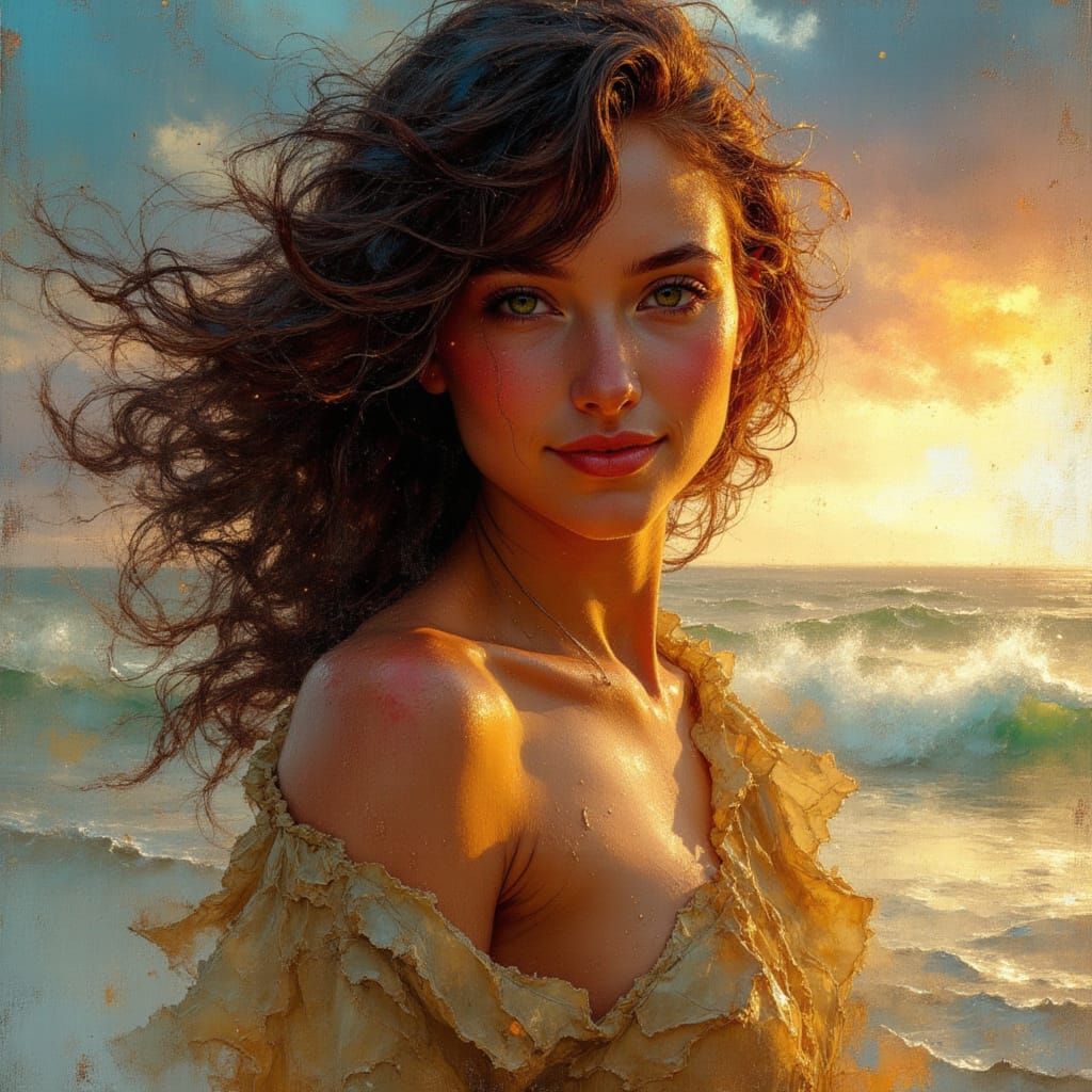 Twilight Beach: Sensual Oil Painting in Impressionist Style