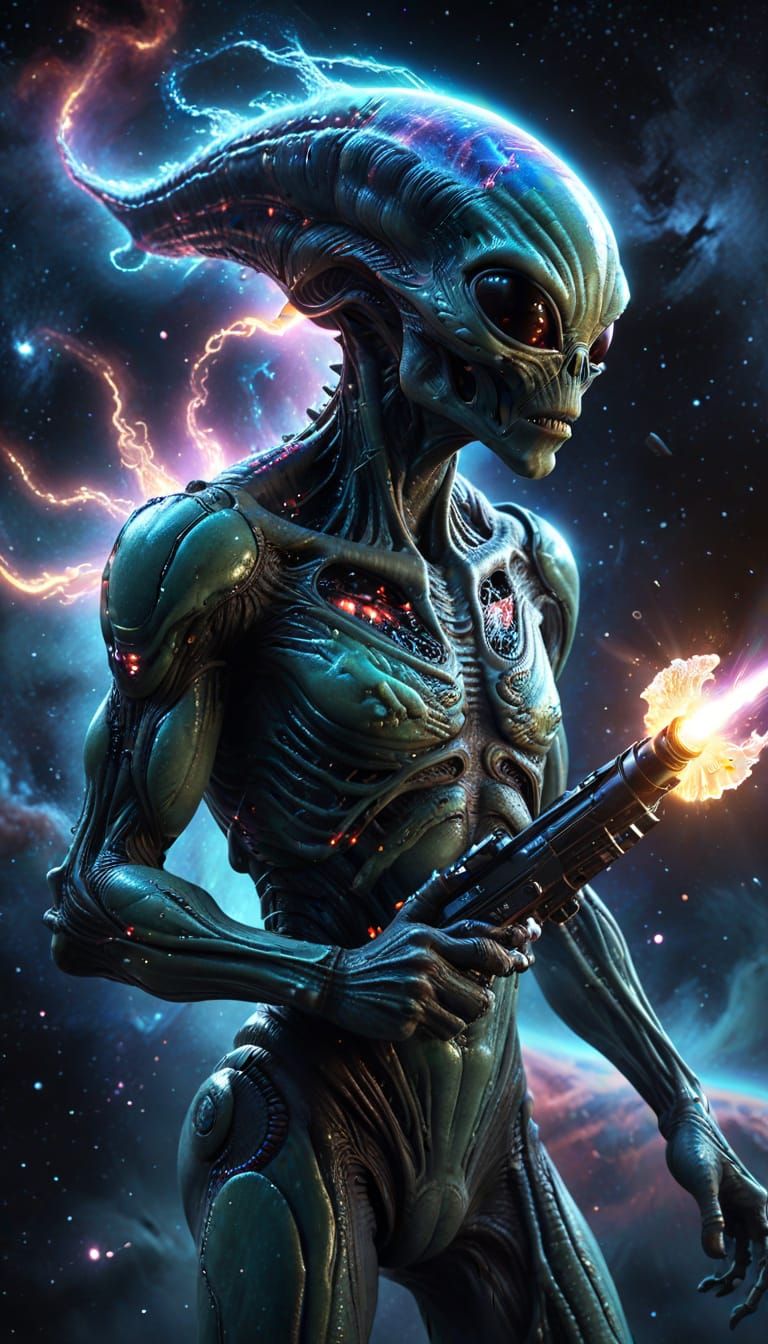 Alien with Cosmic Ray Gun in Nebula, Photorealistic