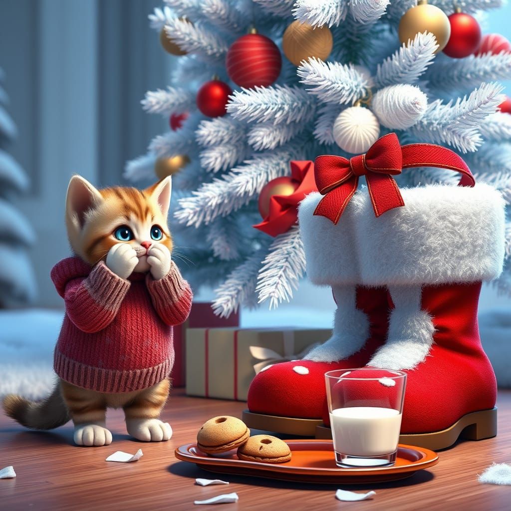 Surprised Kitten Meets Santa: 3D Anime Christmas