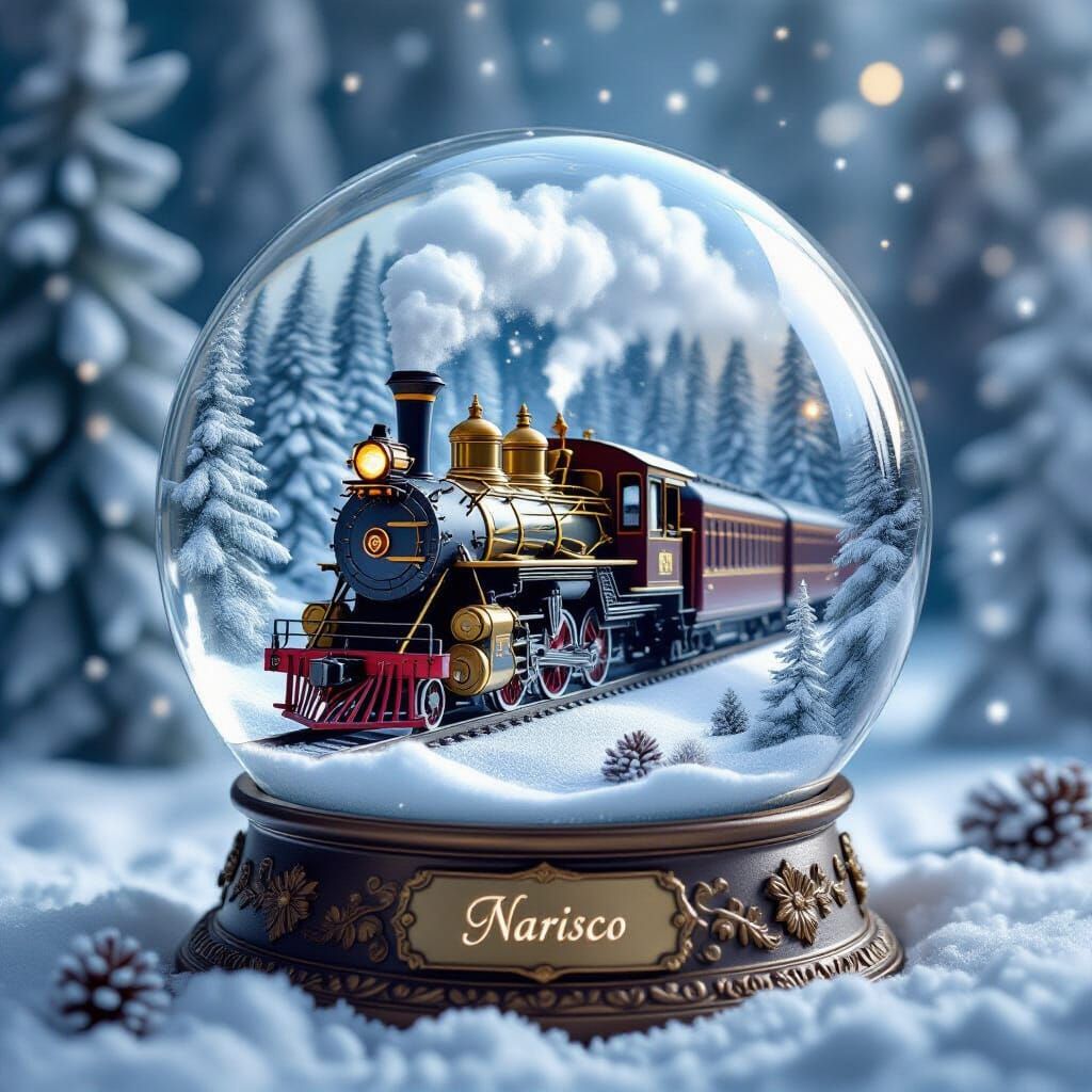 Steampunk Train in Snow Globe - Christmas Fantasy Art